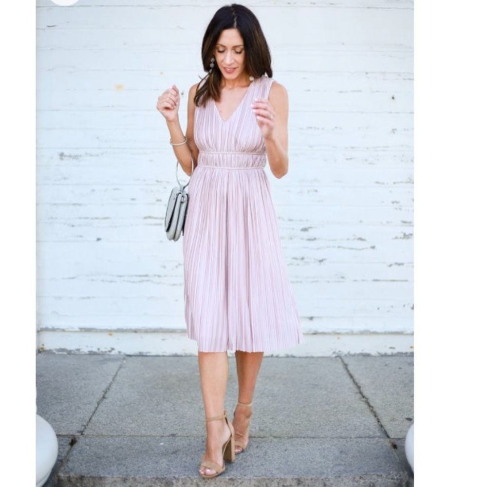NWOT June & Hudson Micro Pleat Metallic Rose Gold Semi Formal Midi Dress Xs